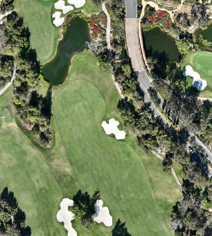 Aerial view of a golf hole and surrounding trees