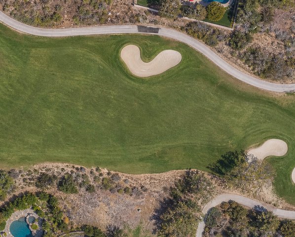 Aerial view of a fairway and bunker complex